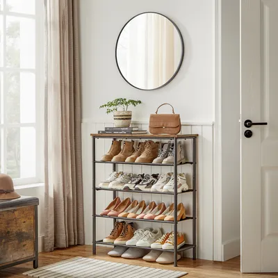 An entryway with a shoe rack filled with shoes, a mirror on the wall, and a handbag on top of the shoe rack.