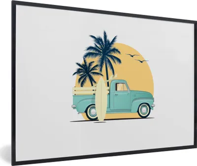 Produktbild von MuchoWow® MuchoWow® Gerahmtes Poster Auto - Surfen - Palme - Zeichnung 30x20 cm - Poster mit zchwarzem Bilderrahmen - Kunstdruck - Bild-Poster
