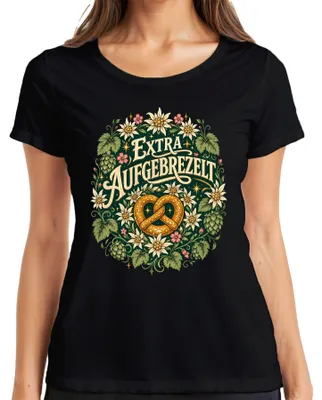 Productafbeelding van Oktoberfest-broodje met extra toppings, Edelweiß-motief, lederen broek, traditionele kleding voor dames (Dirndl), dames T-shirt, zwart, maat M
