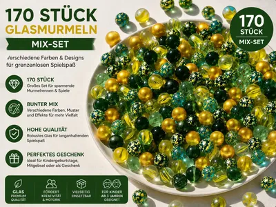 Produktbild von 170 Stück Glasmurmeln Mix Grün Gold – Bunte Murmeln aus Glas – Murmel Set für Murmelbahn, Spiele & Deko, KI-generiertes Bild