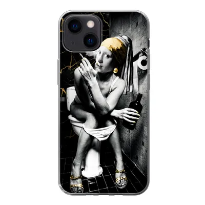 Produktbild von MuchoWow® Handyhülle Schutzhülle Hülle für iPhone 13 mini Marmoroptik - Mädchen mit Perlenohrring - Zigaretten - Toilette - Gold - Kunst - Alte Meister Silikon Softcase Handy Hülle - Softcase