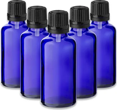 Produktbild von 5x Blaue Glasflasche 50 ml mit schwarzem Tropfeinsatz​ Tropfer 18 mm