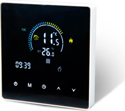 A digital thermostat with a black screen displaying temperature and time.