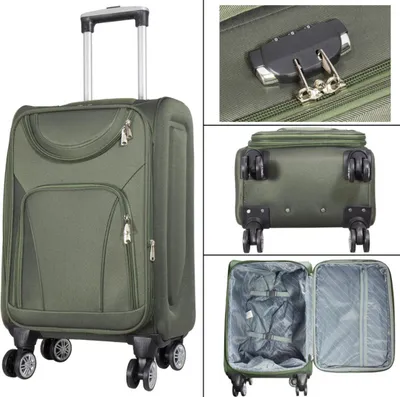 A collage of images showing a green suitcase from different angles, including a close-up of the lock and the interior.