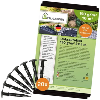 Produktbild von TTL GARDEN Unkrautvlies Set 10m² 2x5m 150g/m² + 20 Erdanker schwarz