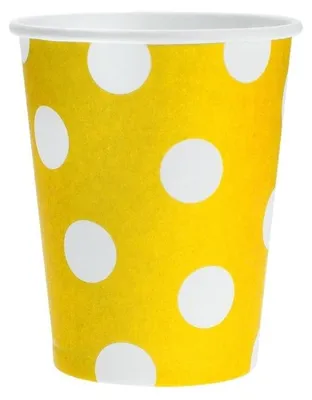 Zdjęcie produktu dla Kubeczki papierowe żółte z białymi groszkami 6 sztuk 270 ml