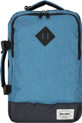 A blue and gray rucksack is shown against a white background.