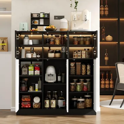 Image de Buffet 100 x 40 x 105 cm, armoire de cuisine, armoire de rangement, convient pour le salon, la cuisine, la salle à manger, avec éclairage, 3 portes vitrées, 3 portes blanches, noir