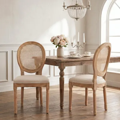 Produktbild von LVHOM 2er Set Esszimmerstühle Medaillonstuhl mit Wiener Geflecht, Polsterstuhl Leinen Französischer Landhausstil Vintage Holzstuhl Küchenstuhl, Beige