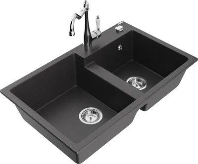 Produktbild von Mexen Tomas 2-Becken-Granitspüle mit Mischbatterie Carla, Schwarz gesprenkelt - 6516-76-670700-00