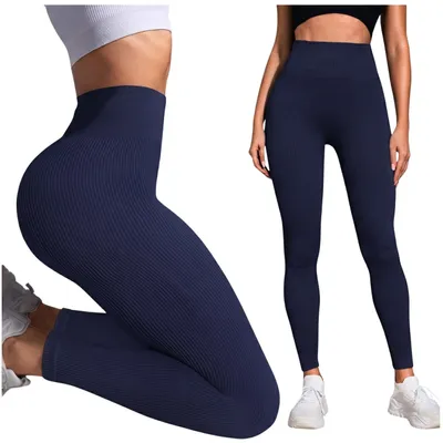 Produktbild von Damen Leggings Gerippt Nahtlos - Hoher Bund - Größe S - Dunkelblau - Blickdicht Fitness Tights