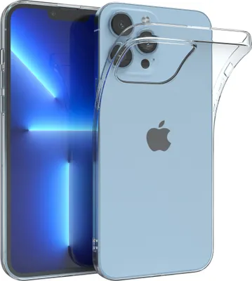 A clear protective case is shown on a light blue iPhone 13 Pro Max.