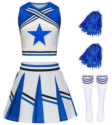 Obrázok produktu pre Súprava cheerleaderky pre dievčatá, modrá, veľkosť 160, s čelenkami a čelenkou, vhodná na karneval
