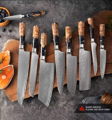 Produktbild von 9-teiliges Damast Küchenmesser Set Damast VG10 Stahl 67 Lagen, extrem scharf – extrem schön.67 Lagen Kochmesser so individuell wie Deine Rezepte und Gerichte