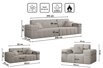 Diagrams showing the dimensions of a sofa set, including a large sofa, a smaller sofa, and an armchair. Icons indicating fabric properties are also present.