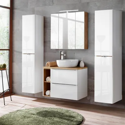 Immagine prodotto di Set di mobili da bagno con specchiera LED TOSKANA-56 bianco lucido, rovere wotan LxHxP ca. L/H/D: 190/200/46cm