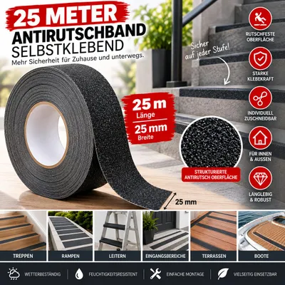 Produktbild von Antirutschband selbstklebend 25 m x 25 mm – Rutschfestes Sicherheitsband Schwarz für Treppen, Stufen, Rampen & Außenbereich, KI-generiertes Bild