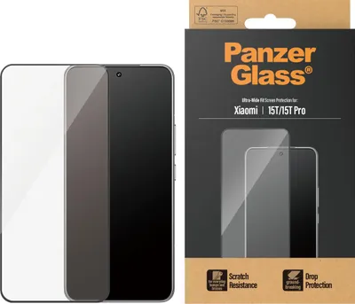 Product packaging for a screen protector, with a depiction of the product and phone.