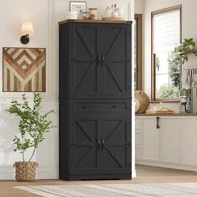 Produktbild von Küchenschrank, Buffetschrank Küchenbuffet mit 4 Türen und Schubladen, Vorratsschrank Hochschrank Küche mit 5 Staufächer für Küche, Wohnzimmer und Esszimmer (Schwarz)