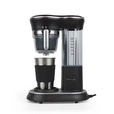 A black coffee maker with a stainless steel cup is shown against a white background.