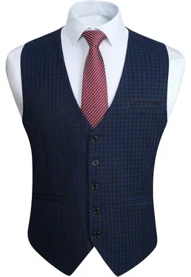 Immagine prodotto di Gilet da uomo a quadri, in cotone, blu/nero, elegante, classico, motivo principe di Galles, gilet da abito