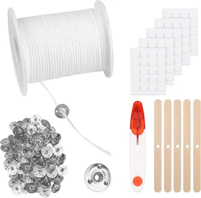 Produktbild von Kerzendocht 61 m, Baumwollkerzen, 100 Halter, Inklusive Aufkleber und Schere, fuer DIY Kerzenherstellung