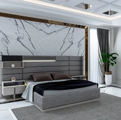 Image de Une chambre à coucher élégante, de couleur grise, avec un éclairage raffiné et des tables de chevet design