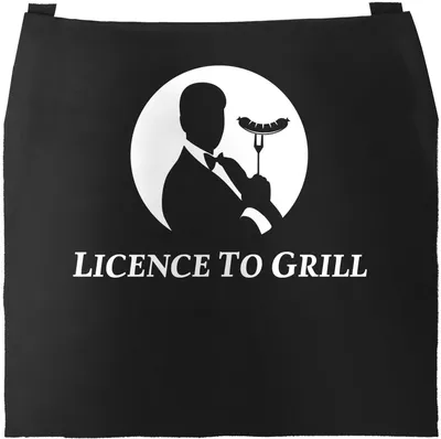 Produktbild von Grill-Schürze für Männer mit Spruch Licence to Grill lustig Parodie Baumwoll-Schürze Küchenschürze Moonworks® schwarz unisize