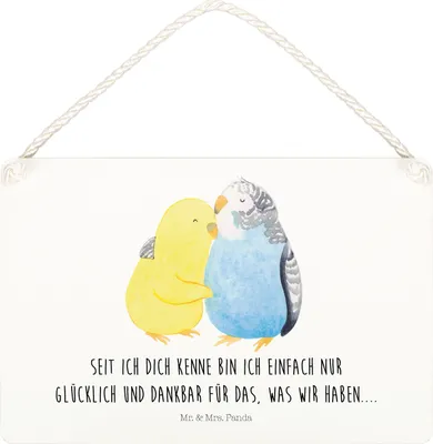 Produktbild von Mr. & Mrs. Panda Schild Wellensittich Liebe DIN A5 - Weiß - Geschenk, Wandbild Holz, Deko, holzbild, Umarmung, Paar, wandtafel, Freundin, Verknallt, Kuscheln, Türschild