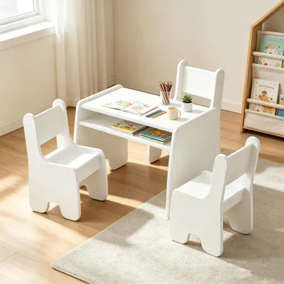 Produktbild von Kindertisch mit 2 Stühlen,3 TLG Kindertischgruppe aus Holz,Zeichentisch Basteltisch Aktivitätstisch mit Stauraum für Kinderzimmer 70x45x51cm