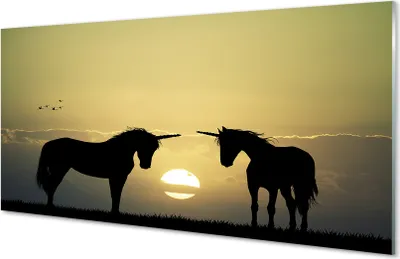Produktbild von Glasbilder 100x50 Wandkunst Feld Sonnenuntergang Einhörner