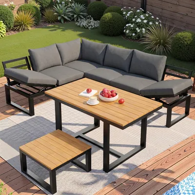 Produktbild von GartenPro 6-teilig Stahl & WPC Gartenlounge-Set Sitzgruppe Lounge-Set für 6 Personen mit verstellbarer Rückenlehne 2 Tische Grau