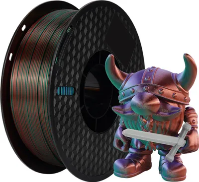 Zdjęcie produktu dla KINGROON filament PLA do drukarek 3D, 1 kg, 1,75 mm, trójkolorowy, jedwab, filament PLA, materiał do druku 3D, degradowalny, przyjazny dla środowiska, szpula, dokładność wymiarowa +/- 0,03 mm, standard, 1 rolka šC srebrny, zielony, fioletowy, miedziany