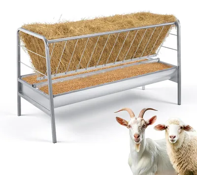 Immagine prodotto di Portafieno con mangiatoia - Mangiatoia 2 in 1 per cereali e fieno - Capacità 352 L - Lunghezza 147 cm - Acciaio resistente - Per capre, pecore, cavalli, stalla e pascolo