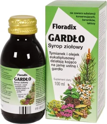 A bottle of Floradix Gardło syrup and its packaging.
