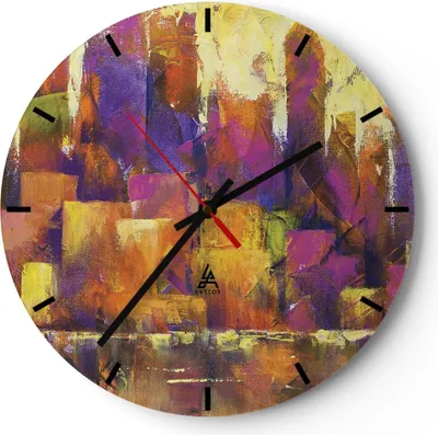 Produktbild von Wanduhr - Rund - Glasuhr - Abstraktion Stadt Wolkenkratzer - 40x40cm - Schleichendes Uhrwerk - Lautlos - zum Aufhängen bereit - Dekoration Modern - Wanddekoration aus Glas - C3AR40x40-4294