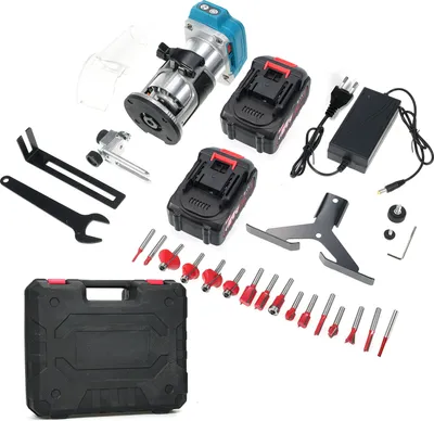 A collection of tools and accessories for a woodworking router, laid out on a white background.