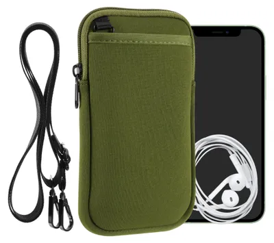 Produktbild von kwmobile Handy Tasche zum Umhängen für XXL - 7" - Hülle mit Band - Neopren Cover mit Reißverschluss - 17,7 x 8,5 cm - Necklace Case in Olivgrün