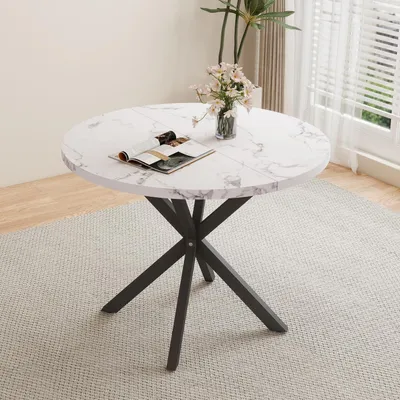 Productafbeelding van Eettafel van rundleer, 100 cm, MDF met metalen poten, wit en zwart