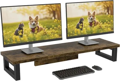 Produktbild von PolkaHome® Monitorständer für 2 Monitore, 91x26x12,5 cm, Monitorerhöhung aus rustikalem Holz, höhenverstellbar, belastbar bis 50 kg,
