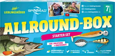 The image shows the packaging of a fishing lure starter set called 'ALLROUND-BOX'.