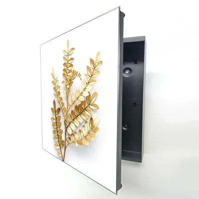 Produktbild von Schlüsselkasten Schwarz Metall, Goldene Blätter Motiv hinter Glas, Moderne Schlüsselbox linksöffnend, 32x28x6,5 cm, 20 Haken für Ordnung im Flur.