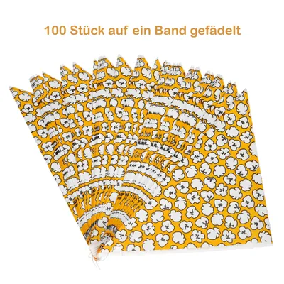 Produktbild von 100 Spitztüten Popcorn Design | Orange mit Druck | Füllmenge je 250g | Papiertüten zum Aufhängen & Abreißen | Süßigkeitentüten für Kino, Geburtstag
