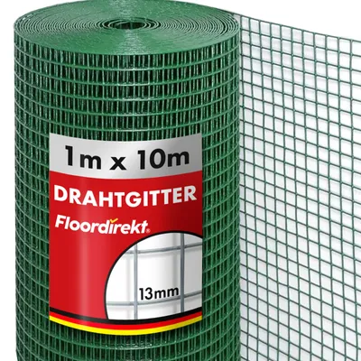 A roll of green wire mesh fencing with a label.