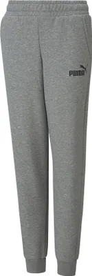 A pair of grey Puma jogging pants shown from the front.