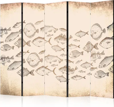 Produktbild von 5-teiliger Doppelseitiger Vlies Paravent - Sketch of a Fish School - Sketches of Various Fish Species Swimming in a School on a Beige Background in Vintage Style 225x172 cm g-C-10165-z-b