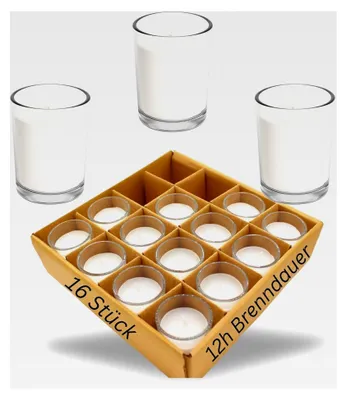Produktbild von Votivkerzen im Glas - Weiße Tischkerzen - 12 Stunden Brenndauer ohne Duft für Dekoration bei Hochzeiten, Geburtstagen und Partys - rußfrei