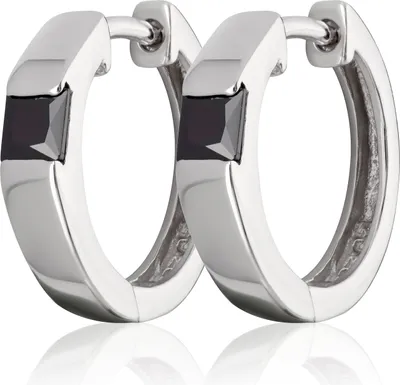 Produktbild von Paar Ø 16mm 925 Sterling Silber Klappcreolen Zirkonia schwarz Ohrringe rhodiniert
