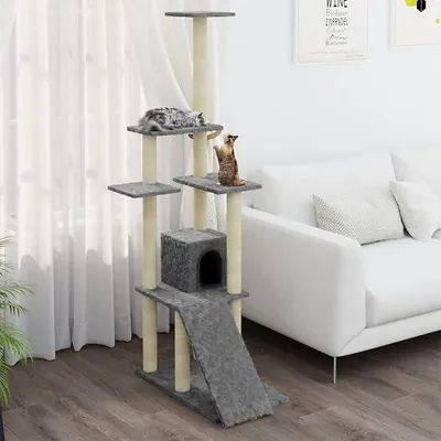 Produktbild von Kratzbaum mit Sisal-Kratzsäule, Katzenkratzbaum, Kletterwand, Kratzbäume Für Katzen, Kratzstamm, Kratzbaum Deckenspanner,n Hellgrau 155 cm