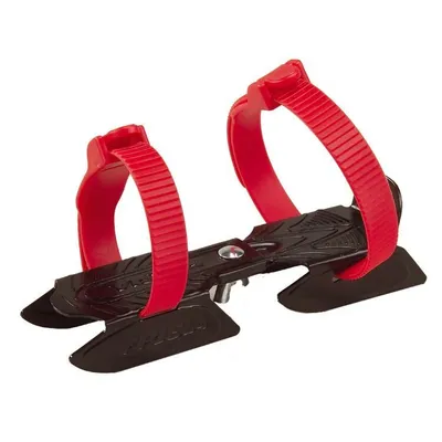 A pair of children's snow skates with red straps and black bases, shown against a white background.